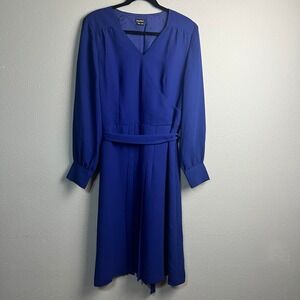 NWT Barrie Pace Midi Dress Long Sleeve Pleated Belted‎ V Neck Royal Blue Size 16